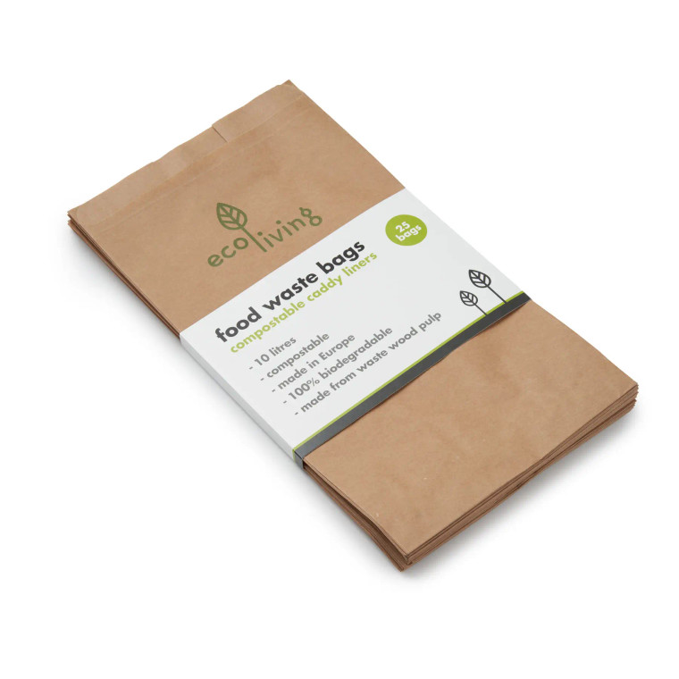 25 Compostable Food Waste bags. 100% biodegradable, home compostable. 10 litres bags.  Made in Europe from waste wood pulp. Four trees are planted for every tree harvested.
