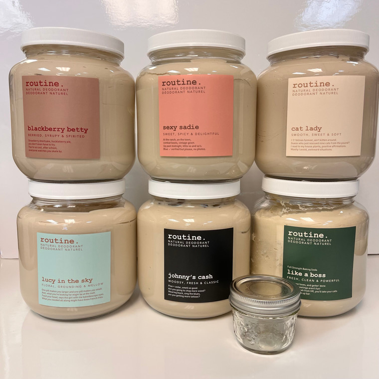We've taken our favourite Routine bulk deodorant and filled jars with it. These 150g jars have enough deodorant in them to last for 7-15 months with regular use.