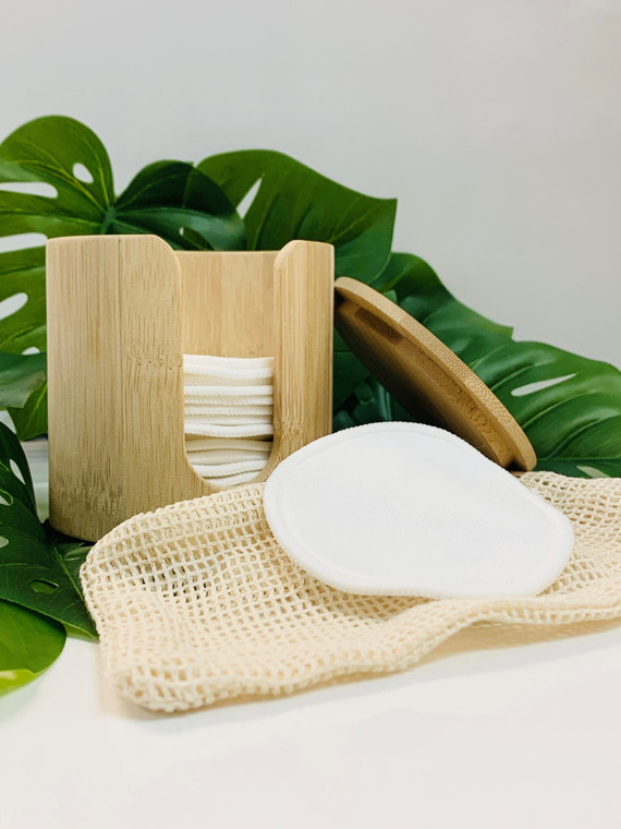 Our gorgeous bamboo case with a lid comes with 16 triple layered bamboo cotton pads and a cotton mesh washing bag.