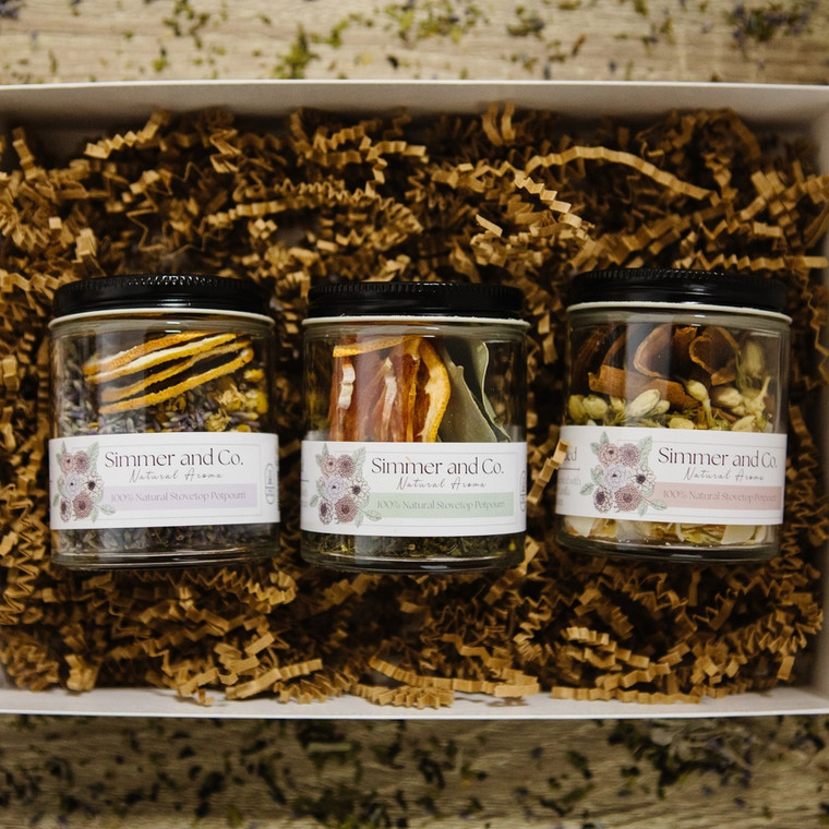 Elevate your self-care routine with a thoughtfully curated trio of simmer mixes.

This set includes three Wellness Collection simmer mixes, beautifully presented in jars, perfect for creating moments of calm, renewal, and balance. Whether you’re seeking stillness, grounding, or an uplifting boost, this trio provides the perfect aromatherapy companions for your wellness journey.