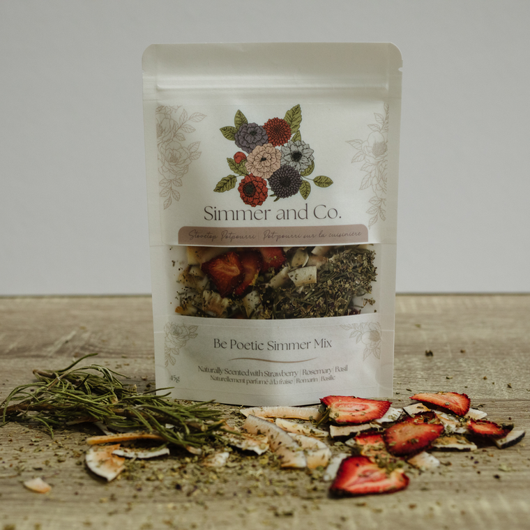 Simmer for a moment of sweet inspiration and thoughtful calm. As Be Poetic simmers, the fresh, herbal aroma of rosemary fills the air, evoking a sense of grounding and quiet reflection. Sweet notes of ripe strawberry add a nostalgic warmth, while creamy coconut brings comforting softness. A touch of basil adds an earthy finish, creating a layered scent that feels both refreshing and serene.
