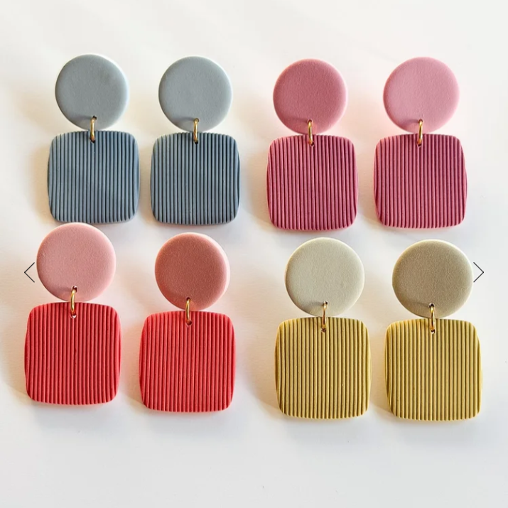 A classic statement style with fresh spring colours! Featuring a fine line textured base with complimentary colour pop tones.
Earrings are finished with stainless steel stud posts.