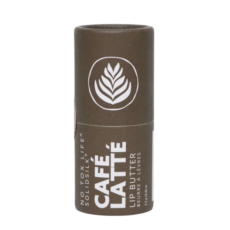 Café Latté Lip Butter: a hint of rich coffee with cocoa butter that you'll want to use all day, packaged in a paperboard tube.
