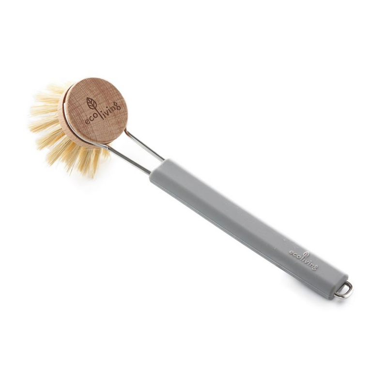 A dish brush with natural plant-bristles. Plastic-free, vegan and has a replaceable FSC® beech wood head with 100% vegan natural Tampico bristles. The brush head is removable and replaceable. The handle is endlessly reusable with a mix of silicone, stainless steel.