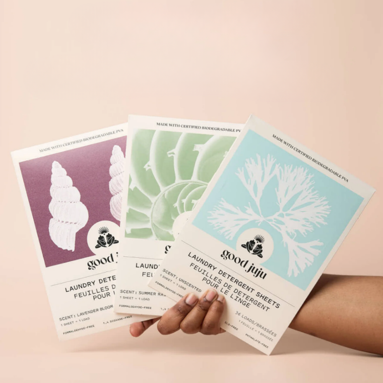 Clean sheets have a whole new meaning! Our Laundry Detergent sheets have a new and improved formula, and are now made with Certified Biodegradable PVA. Yes, you heard that right, the PVA in our sheets has been 3rd party tested to fully biodegrade in wastewater and does not become microplastic. Our pre-portioned sheets contain exactly the right amount of detergent needed for one load of laundry. They dissolve completely in hot or cold water – with NO RESIDUE and work in all washing machines, including HE. They are safe for hand-washing, and for use in septic systems.