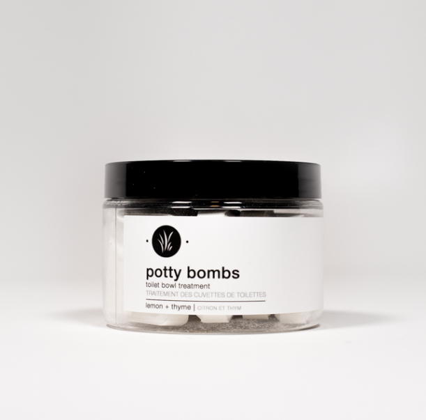 Plop! Plop! Fizz! Fizz! Cleaning your toilet with a Potty Bomb is a whiz! In fact, once you’ve dropped this little wonder in your toilet bowl, half the work is done.

220 g = 8 treatments

Directions: Drop one Potty Bomb in the bowl of your toilet; let sit for 15 minutes; swipe with a toilet brush; flush and enjoy the gleam!

Ingredients: Sodium bicarbonate (Baking soda), Citric acid, Hydrogen peroxide, Vinegar, Isopropyl Alcohol 99%, Citrus limon (Lemon), Citrus paradisii (Grapefruit), Melaleuca Alternifolia (Tea Tree), Thymus vulgaris (Thyme), Cedrus atlantica (Cedarwood), Mentha piperita (Peppermint).
