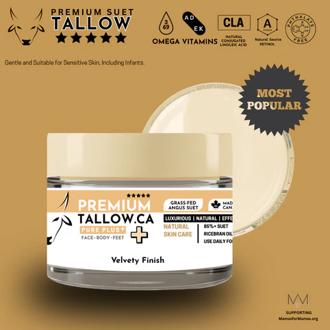 85% Premium Angus Suet Tallow, enhanced with Organic Rice Bran Oil and Arrowroot, it delivers a neutral scent and velvety finish that stands out. Perfect for beauty enthusiasts, babies, sensitive or inflamed skin, and as a pre-sun barrier.