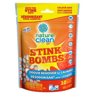 Get stink out! These laundry tabs by Nature Clean are designed to eliminate odours from sweat, mildew, pets, smoke, athletics and more!