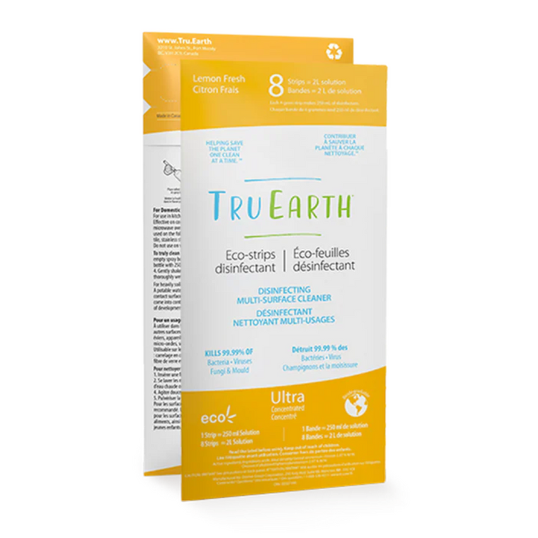 Tru Earth Disinfecting Multi-Surface Cleaner Eco-Strips effectively cleans with none of the unnecessary liquid and none of the plastic. Just toss a strip in a spray bottle, add hot water, and shake.